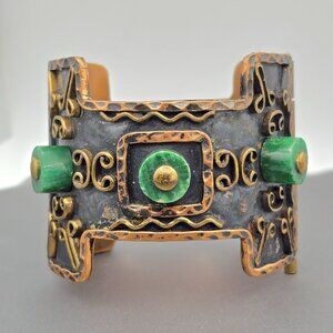 VTG Casa Maya Brutalist Copper & Malachite 2" Wide Cuff Bracelet 7" Mexico 99.8g